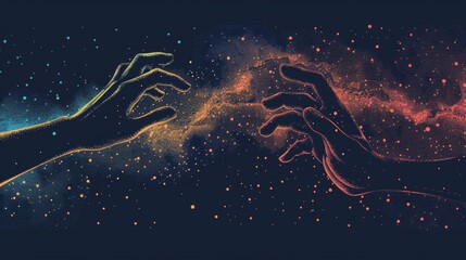 Two hands reaching toward each other against a dark galaxy background - obrazy, fototapety, plakaty