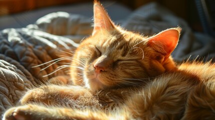 Capture an orange cat basking in a warm sunbeam, highlighting its love of comfort - obrazy, fototapety, plakaty