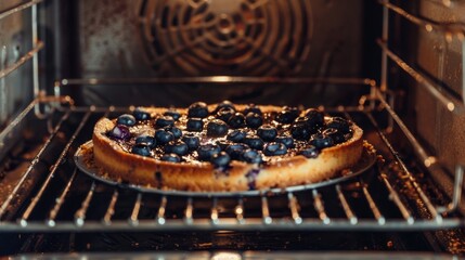 A shot of a blueberry cheesecake baking in a rustic oven, creating anticipation for the finished masterpiece