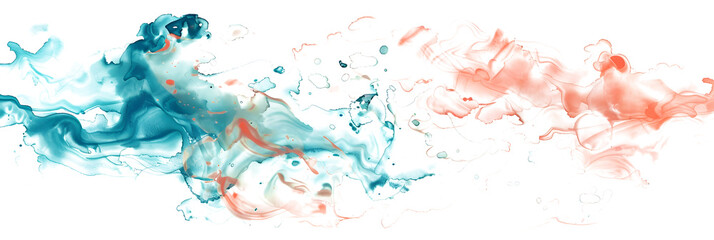 Turquoise and coral swirled watercolor paint stain on transparent background.