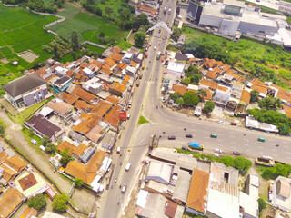 Congestion due to Eid homecoming traffic. Top view of traffic jam at road junction, Bandung -...