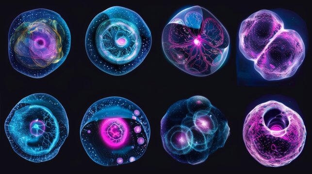 A series of images capturing the different stages of mitosis from prophase to telophase in a single animal cell revealing the complex