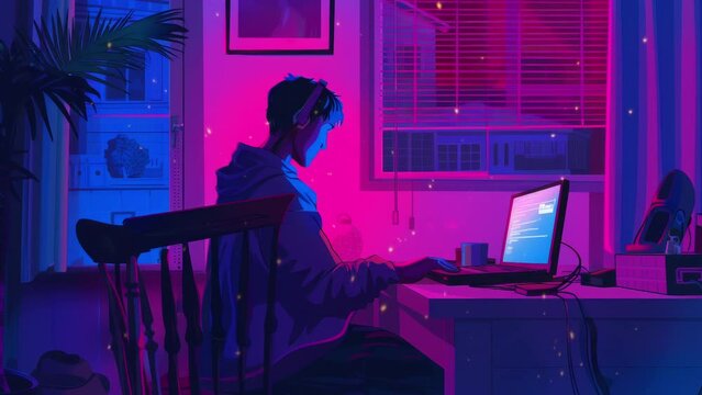 Illustration of a teen ager studing at night.. Lo-fi style. Lofi