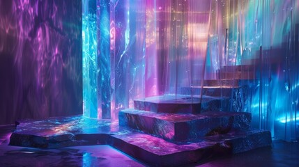 The podium transforms into a dreamy cascade of iridescent blues pinks and purples evoking a sense of being submerged in a sea of liquid . . - obrazy, fototapety, plakaty