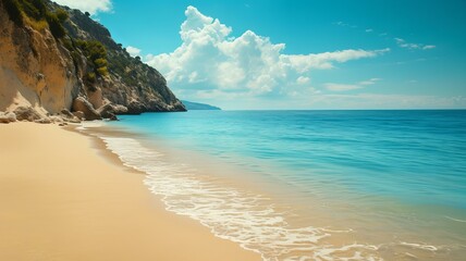 Fototapeta premium A laid-back beach with golden sand and clear blue water, Inscription effect method, AI Generative
