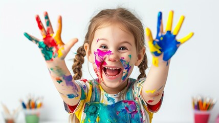 funny child girl draws laughing shows hands dirty with paint png, AI Generative