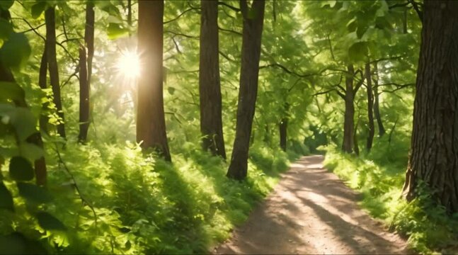 Sun-dappled path through a dense woodland.
