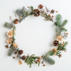 Fototapeta na wymiar Christmas round frame made of natural winter things. Flat lay.