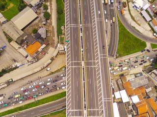 Bird eye view of Cileunyi Highway overpass, highway above the Cileunyi intersection, Bandung, West Java Indonesia, Asia. Transportation Industry. Above. Inter-city road access. Shot from a drone