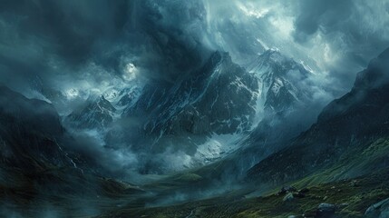 Ominous Storm Over a Secluded Mountain Valley - obrazy, fototapety, plakaty