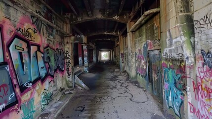 Graffiti covers the walls of a dilapidated walkway adding a sense of urban decay to the already aged structure now a canvas for selfexpression in an abandoned space.
