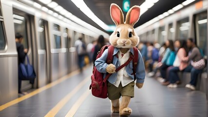 Bunny with School Bag Ready for Adventure, Cute Rabbit with Backpack Boarding the Train, Cartoon Bunny with School Bag Embarking on a Journey, Illustration of Bunny with Backpack Waiting for the Train