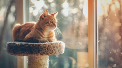 An orange cat perched on top of scratching tower, surveying its domain with a mischievous glint in...