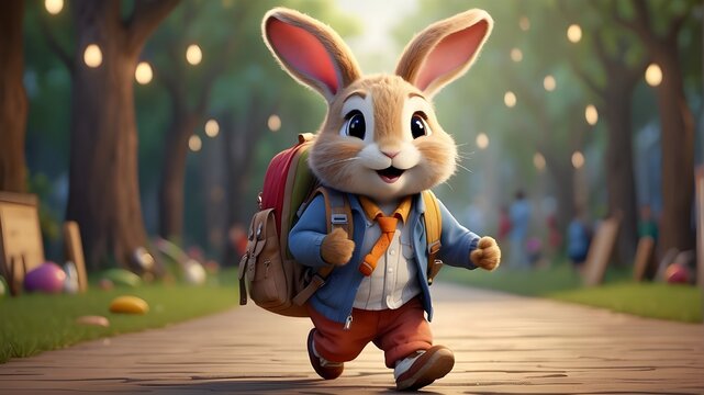Bunny with School Bag Ready for Adventure, Cute Rabbit with Backpack Boarding the Train, Cartoon Bunny with School Bag Embarking on a Journey, Illustration of Bunny with Backpack Waiting for the Train