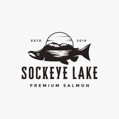 Vintage hipster retro sockeye salmon and lake landscape logo icon vector template on white background
