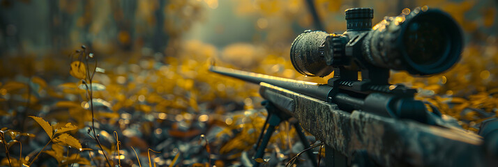 A rifle with a telescopic sight hunting ;
Close up on sniper gun set in nature
 - obrazy, fototapety, plakaty