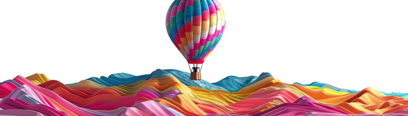 Obraz premium A 3D cartoonstyle hot air balloon, brightly colored and patterned, floating above a patchwork landscape of isolated fantastical islands, 