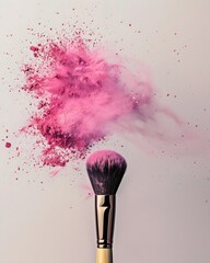 A makeup brush with pink powder on it, flying in the air, with a white background and wood handle, The powder is scattered in the air, copy space, make up artist
