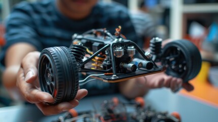 Fototapeta na wymiar A close-up view shows a student holding a DIY robot car