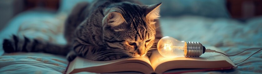 Cat reading a book, cozy room light, head replaced by glowing bulb, 