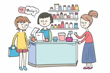 Cartoon cute doodles of a small business owner managing their shop, with customers browsing products and making purchases at the counter, Generative AI