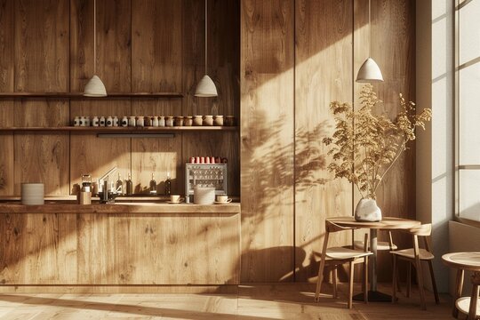 Cafe interior, wood texture, warm daylight, architectural rendering style, 