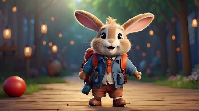 Bunny with School Bag Ready for Adventure, Cute Rabbit with Backpack Boarding the Train, Cartoon Bunny with School Bag Embarking on a Journey, Illustration of Bunny with Backpack Waiting for the Train