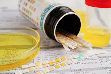 Urinalysis, urine cup with reagent strip pH paper test and comparison chart in laboratory.