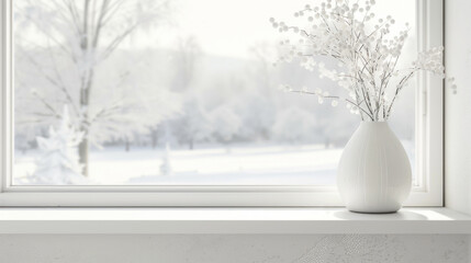 White windowsill with view of snowy landscape, Vase on windowsill background