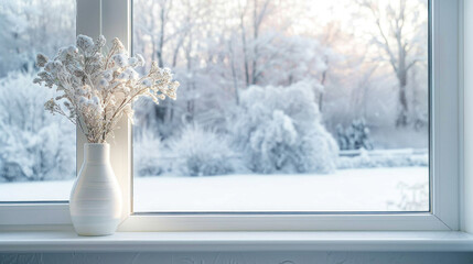 White windowsill with view of snowy landscape, Vase on windowsill background