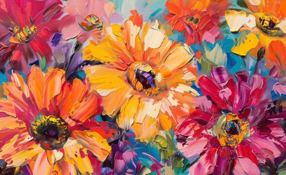 Abstract oil painting of vibrant, colorful flowers in full bloom, creating a captivating and dynamic background with expressive brushstrokes and rich textures