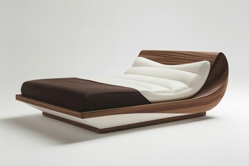 A bed designed in the style of Jony Ive for the brand Armani, made of white leather and walnut wood with dark brown felt on top The headboard is curved at one end to form an abstract shape