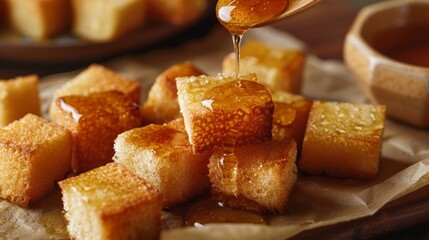 Honey toast cut into bite-sized cubes, ideal for sharing and dipping in honey sauce  - obrazy, fototapety, plakaty