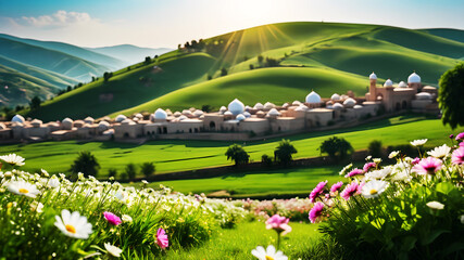 Compose a picturesque Eid Mubarak background depicting a serene countryside scene, where people celebrate the occasion amidst lush green fields and blooming flowers, under a clear blue sky
