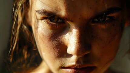 A close-up on the woman's face, showcasing a furrowed brow and a determined set to her jaw