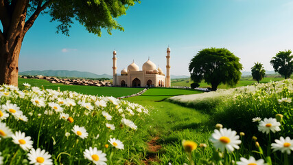 Compose a picturesque Eid Mubarak background depicting a serene countryside scene, where people celebrate the occasion amidst lush green fields and blooming flowers, under a clear blue sky