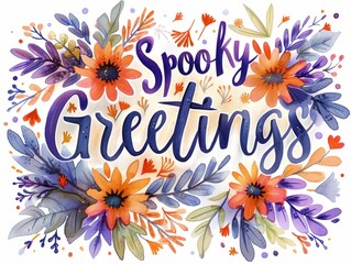 Fototapeta na wymiar Purple and orange blooms surround the words Spooky Greetings in a watercolor painting. Halloween mood.