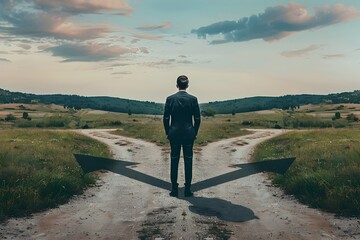 Businessman at Crossroads Facing Multiple Paths to Future Opportunities - obrazy, fototapety, plakaty