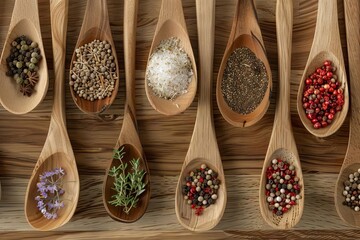 Appetizing top view of a wooden table with an assortment of aromatic spices in rustic wooden spoons, digital food illustration
