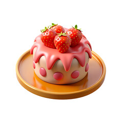 Delicious 3d strawberry cake topped with fresh strawberries and cream on a plate and on transparent background