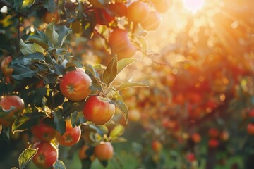 Apple Orchard at Golden Hour, Ripe Fruit on Tree Branches, Blurred Background, Organic Farming Concept - obrazy, fototapety, plakaty