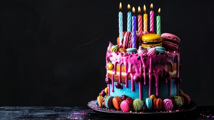 A vibrant cake with colorful frosting dripping down the sides, decorated with macarons, candies, and lit candles, isolated on a black background