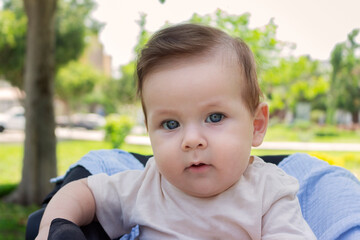 Bebé de ojos azules y cabello castaño sentado en su coche en un parque en un día soleado rodeado de naturaleza