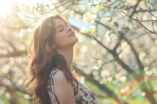 Beautiful young woman in cute dress enjoying spring sunshine in orchard, happiness and love concept