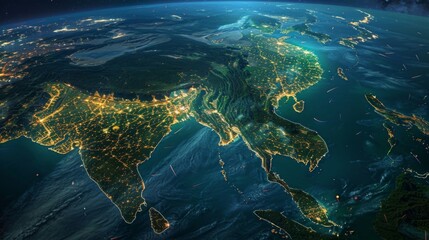 The Earth is brightly illuminated at night, showcasing urban areas and their artificial light sources.