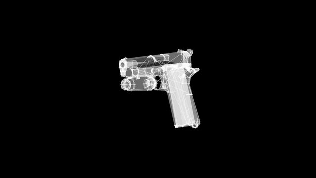 Pistol 3d render animation of holographic hand weapon isolated on black background