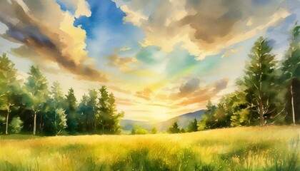 scenic summer green grass meadow beautiful and enchanting pine forest glade watercolor style fluffy clouds tranquil and peaceful nature art - obrazy, fototapety, plakaty