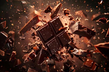 Chocolate bar pieces explosion with chunks and shards flying, food illustration - obrazy, fototapety, plakaty