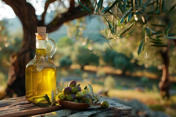 Olive oil bottle among olive branches in sunlight - obrazy, fototapety, plakaty