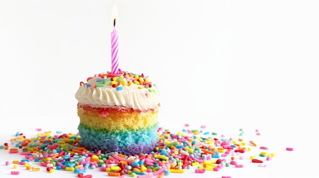 A small, colorful cake with a single candle, slightly smashed with frosting around it, hinting at a first birthday celebration 
